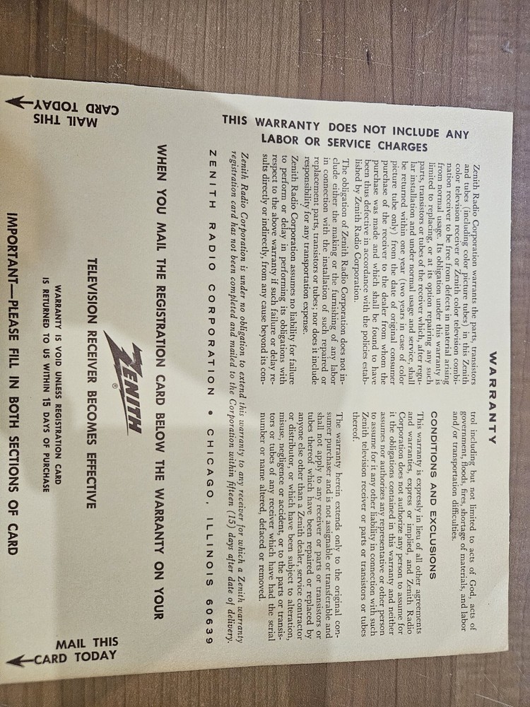 Vintage Zenith Anniversary TV Paperwork
