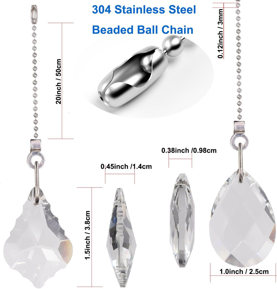 2PCS Crystal Ceiling Fan Pull Chain, Decorative Fan Pull Chain Pendant Extension