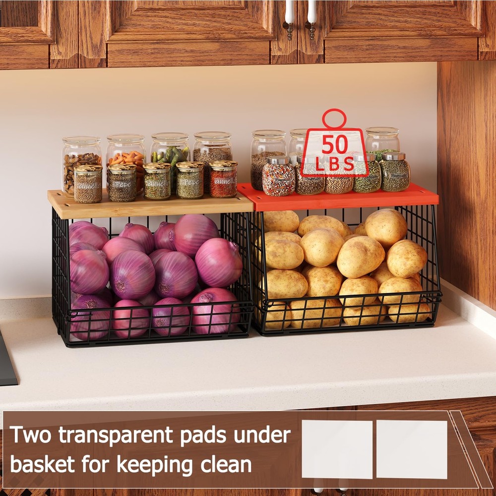 2PCS Stackable Wire Basket Organizer with Wood Top Kitchen Storage Fruit Bread