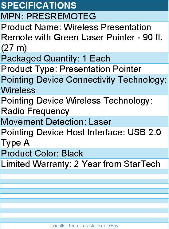 StarTech PRESREMOTEG Wireless Presentation Remote with Green Laser Pointer