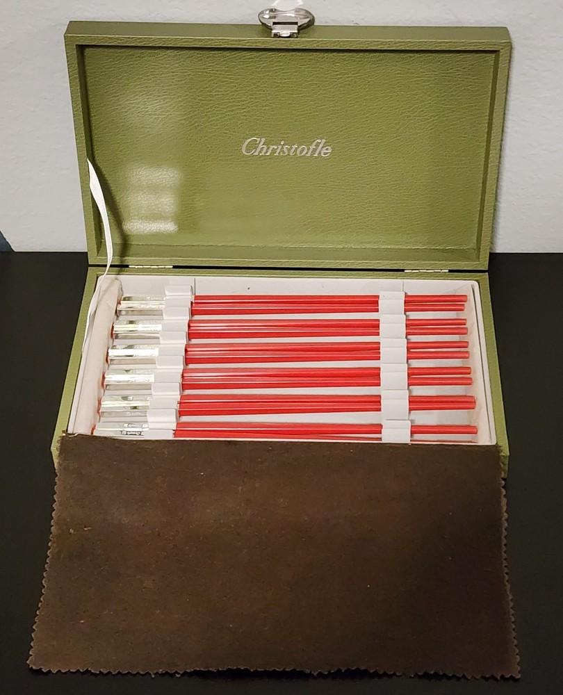 Christofle Silver-Plated Red Japanese Chopsticks 6 Set With Case Tableware