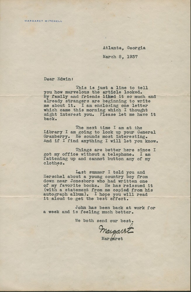 MARGARET MITCHELL - TYPED LETTER SIGNED 03/08/1937
