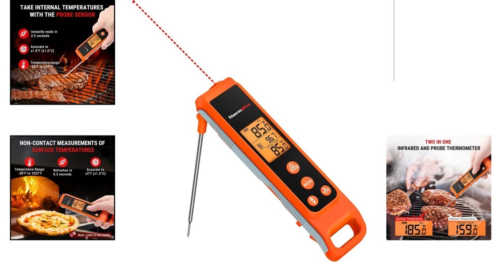 User-Friendly Instant Read Infrared Thermometer with Meat Probe - Compact Design