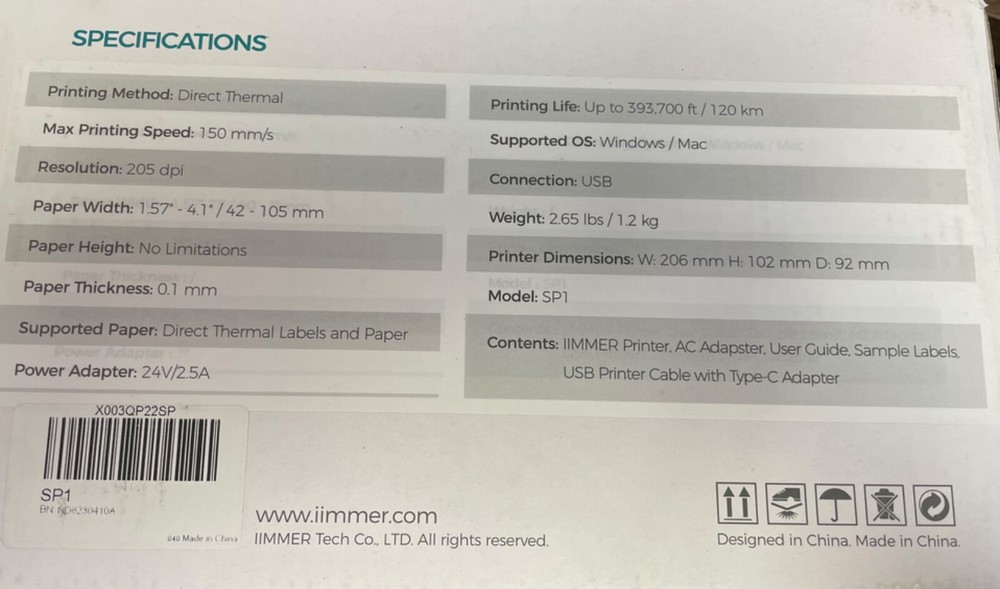 iimmer Label Printer Model: SP1