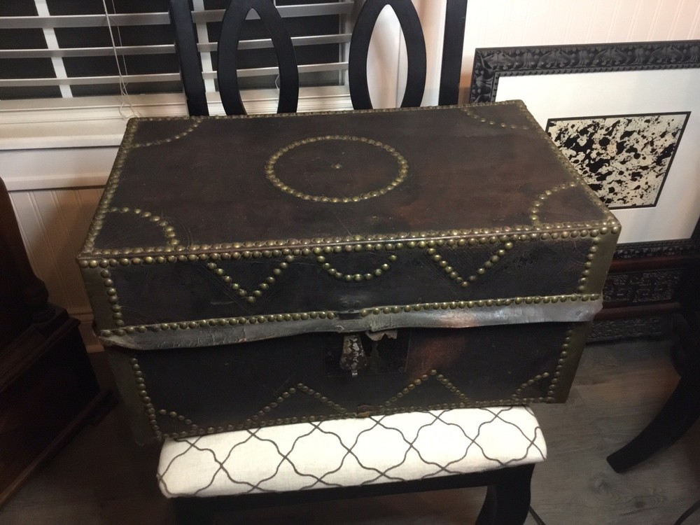 AUTHENTIC ANTIQUE PORTUGESE STUDDED LEATHER STORAGE TRUNK