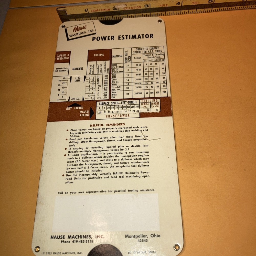 Vtg 1965 Hause Machining Computer Slide Ruler Chart