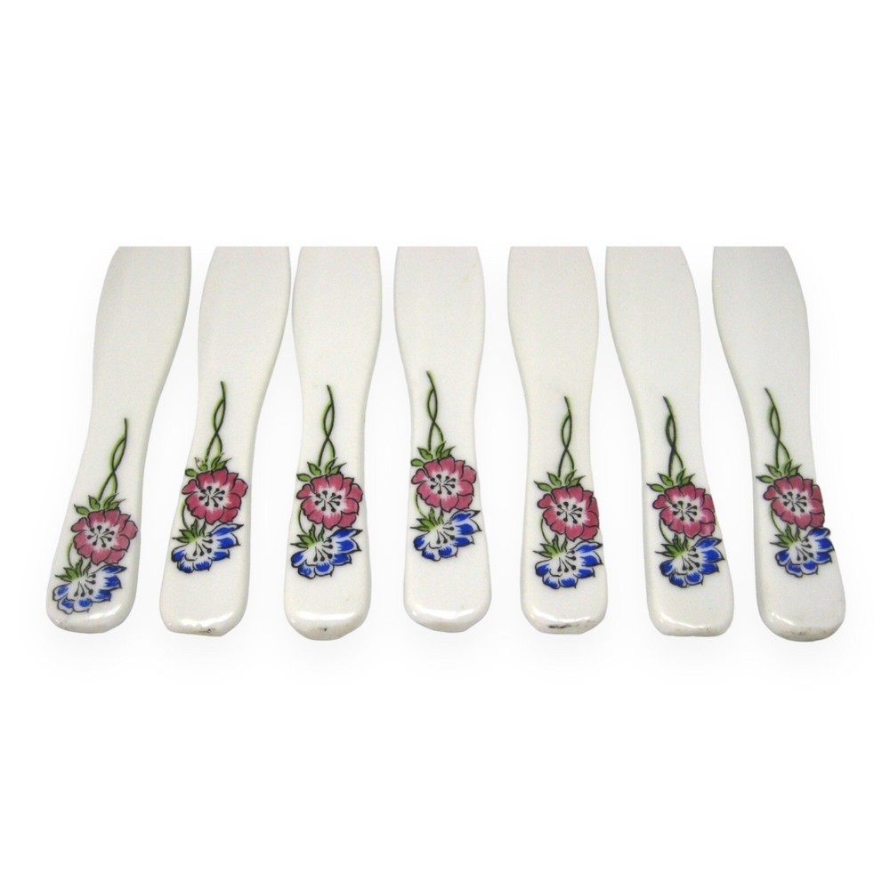 White Porcelain Spreader Knives Flower Handle Flatware 7Pc