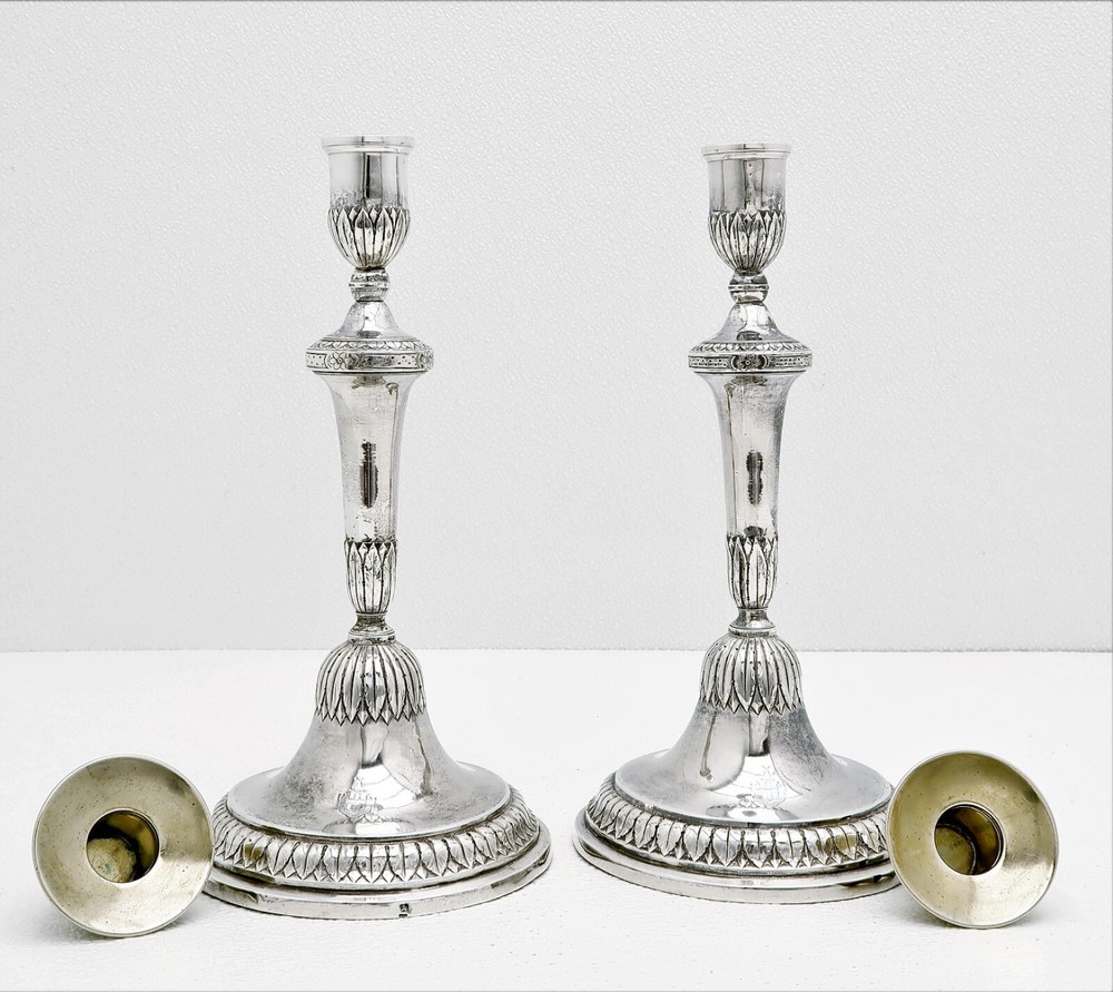 Set 2 Marked Genoa Italy Solid Silver Neo-Classical Candle Sticks c 1790 crest
