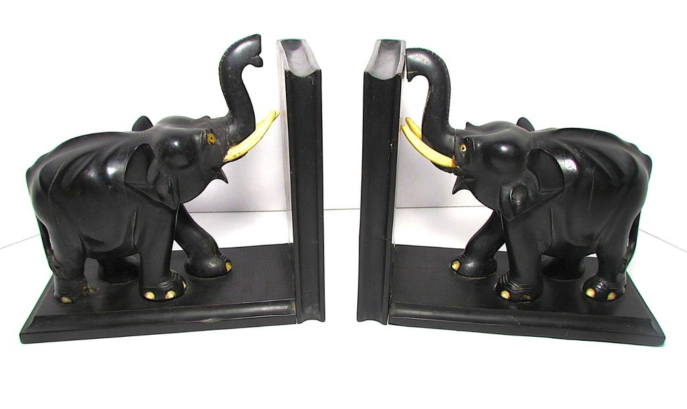 VINTAGE CARVED EBONY ELEPHANT BOOKENDS 7X8X4"