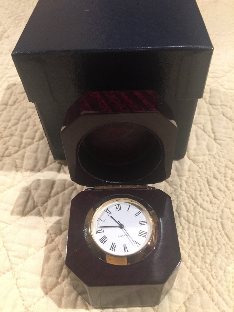 Solid Dark Dark wood Quartz Desk Clock  2" X 2" New In Box