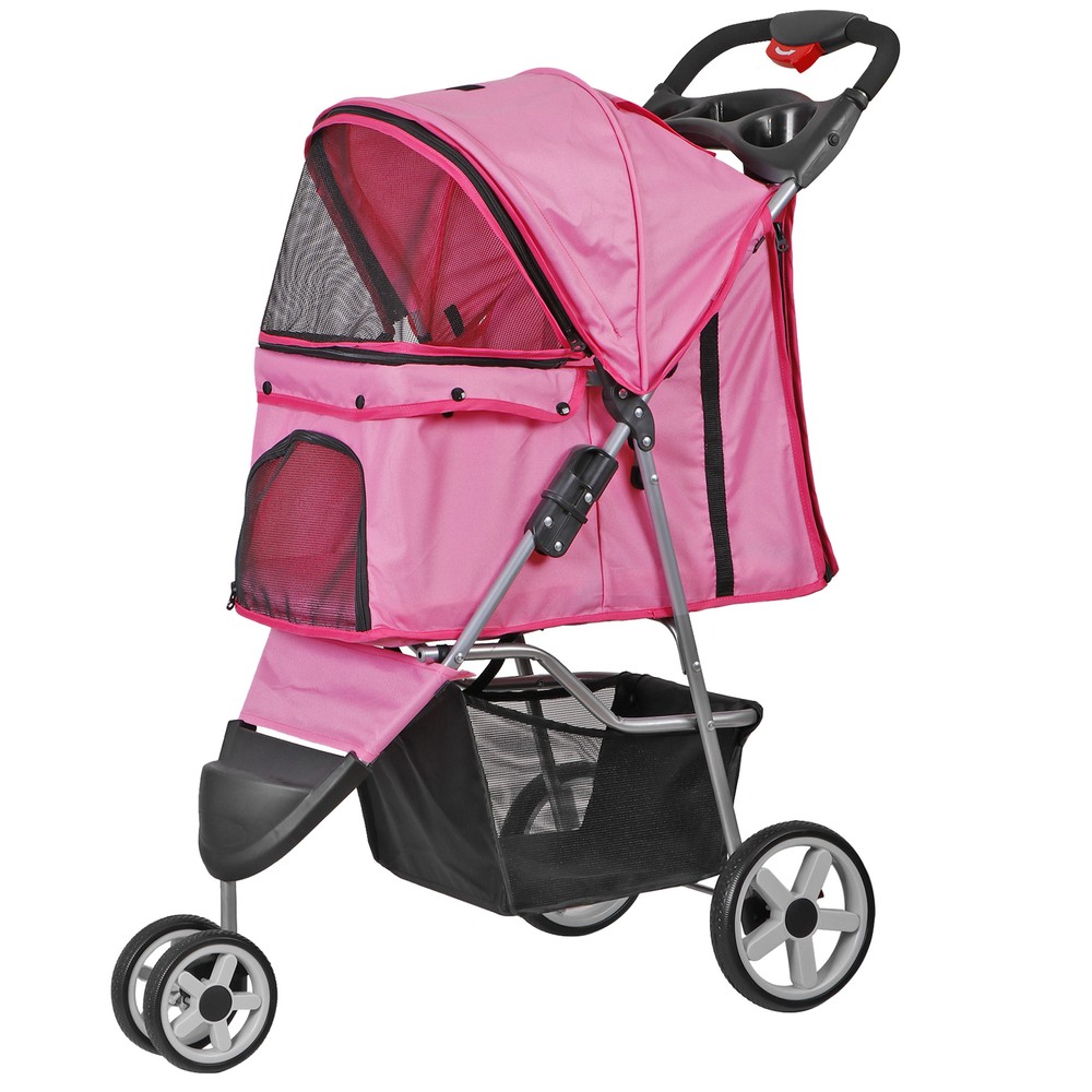 Dog Stroller 3 Wheels Foldable Pet Stroller w/Storage Basket & Cup Holder Pink