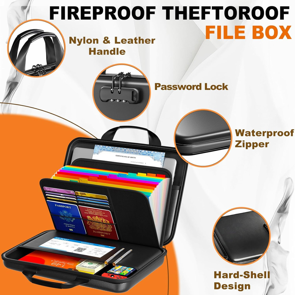 Fireproof Accordion File Organizer with Lock,Hard-Shell Fireproof Document Box w