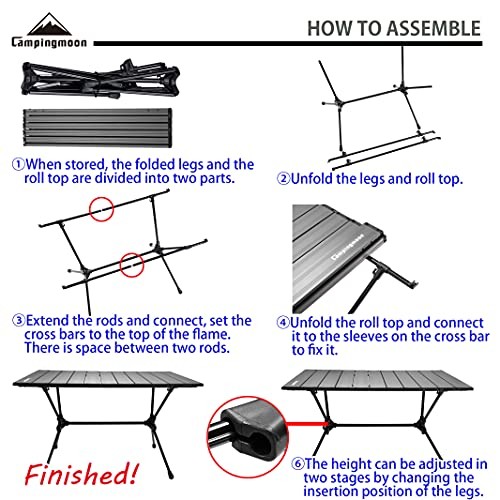CAMPINGMOON Roll UP Camping Table Lightweight Foldable Aluminum with Black