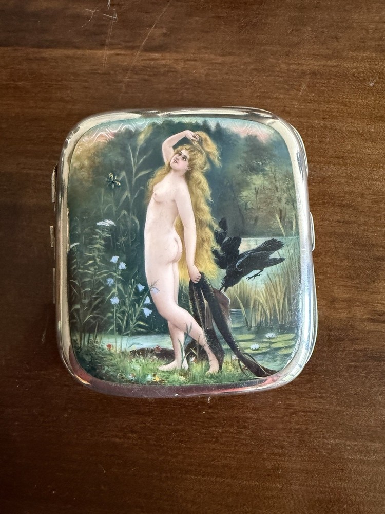 Antique Enamel  Sterling Solid Silver Erotic Victorian Lady Cigarette Case Box