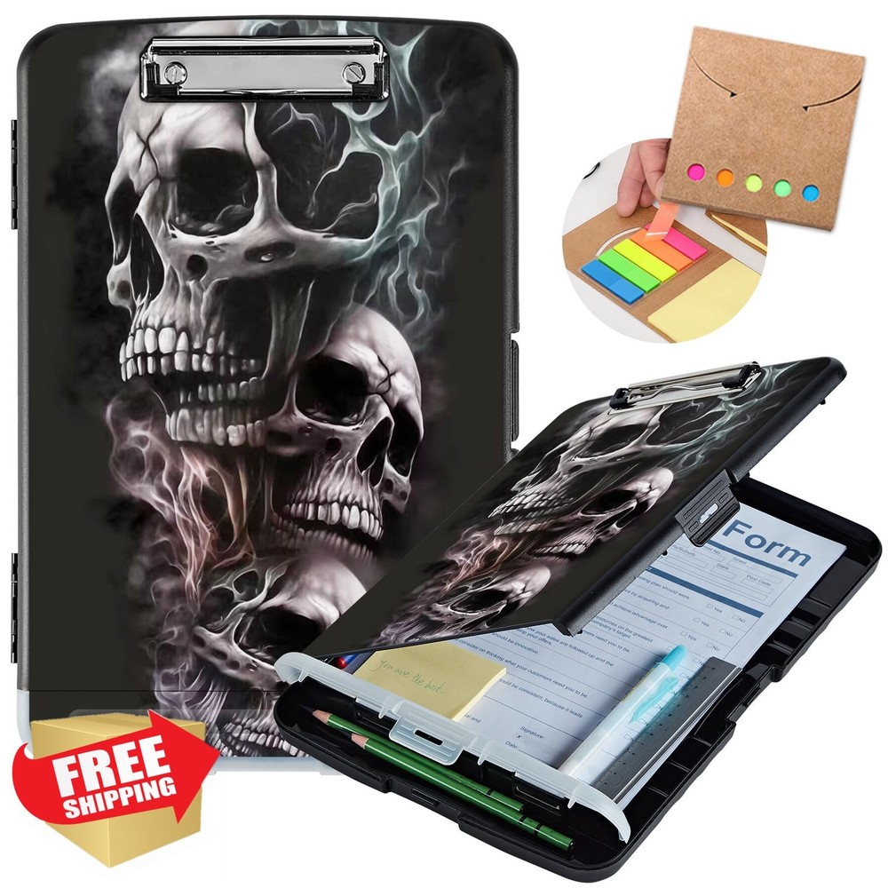 Clipboard with Storage Heavy Duty Plastic Skull Black