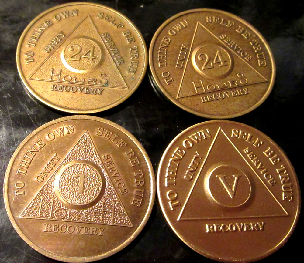 Alcoholics Anonymous medallion 24 -hour, 24-hour, 1 mo., 5yr., Bronze AA