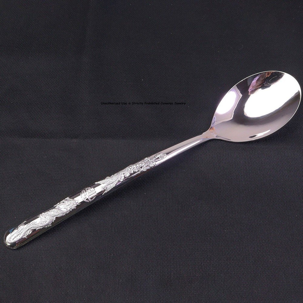 Pure Solid S999 Fine Silver Healthy Tableware Dragon Phoenix Soup Spoon 7inch L