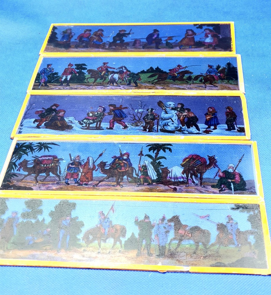 5 Vintage Glass Panoramic Magic Lantern Slides