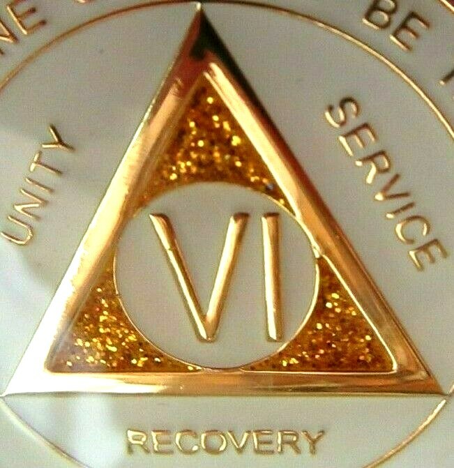 White SPARKLE Alcoholics Anonymous 6 year AA Medallion Chip token