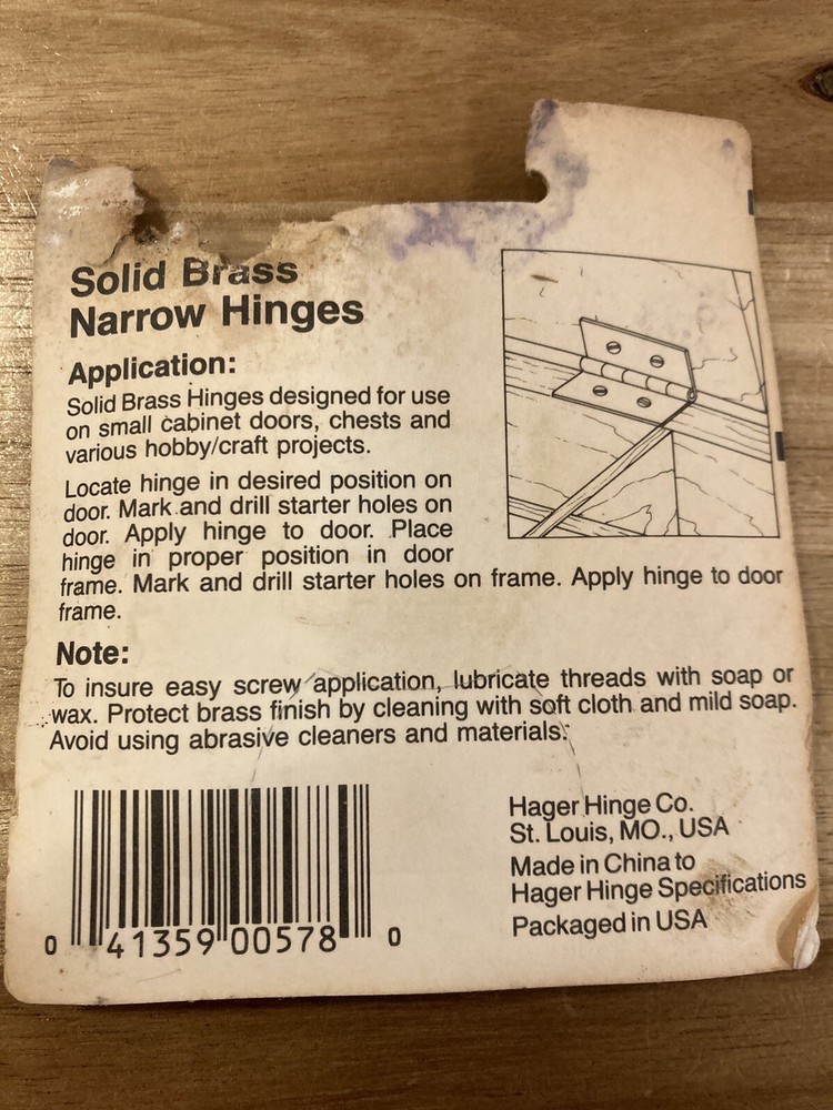 Hagar 3/4”x5/8” Narrow Hinge Solid Brass Hinge. No 00578. 4 hinges included