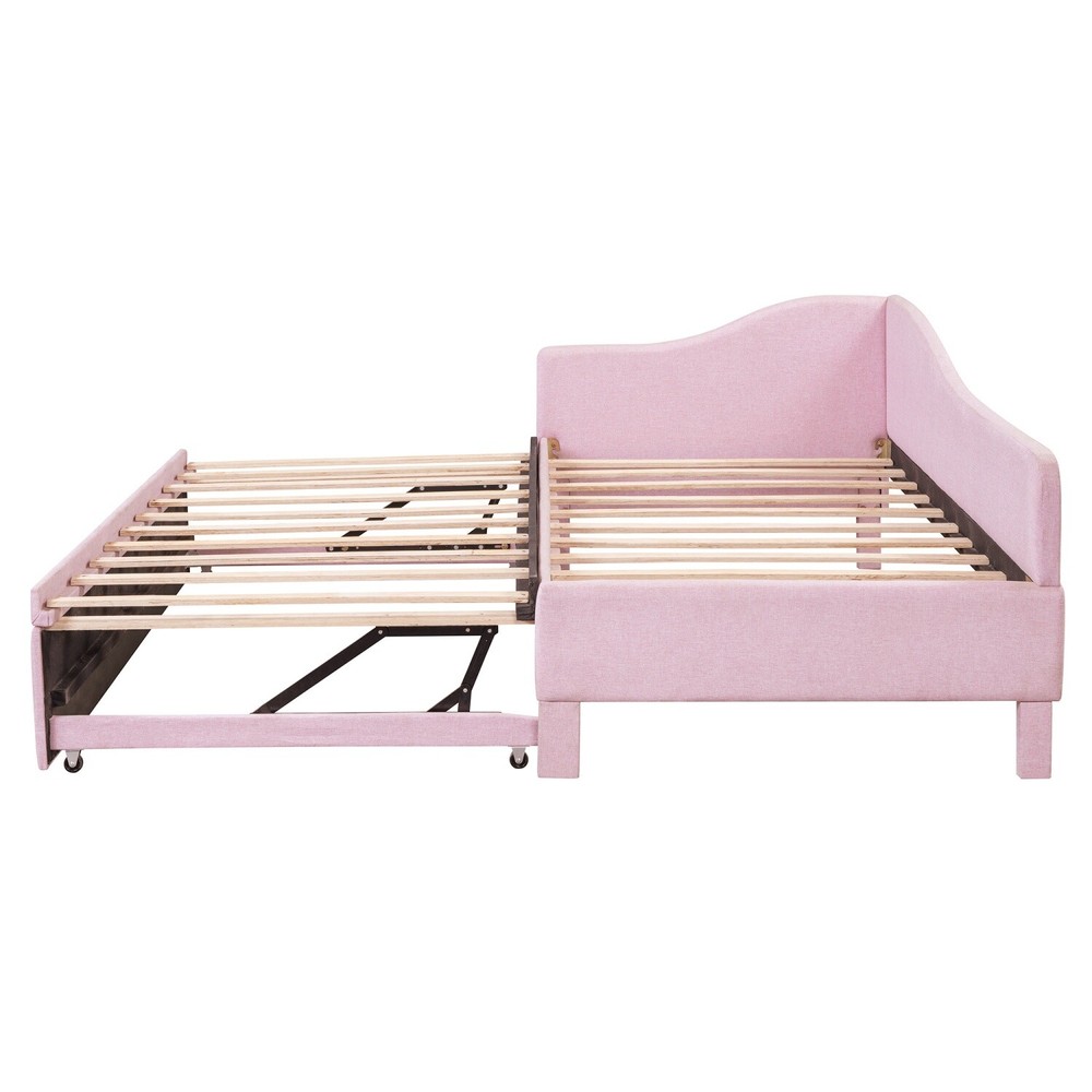 Twin Size Daybed Linen Upholstered Bed Frame Sofa Bed w/ Pull Out Trundle Bed