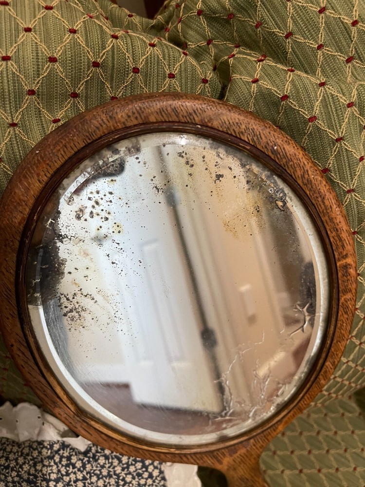 VINTAGE WOOD FRAME BEVELED OVAL MIRROR CURVED HANDLE