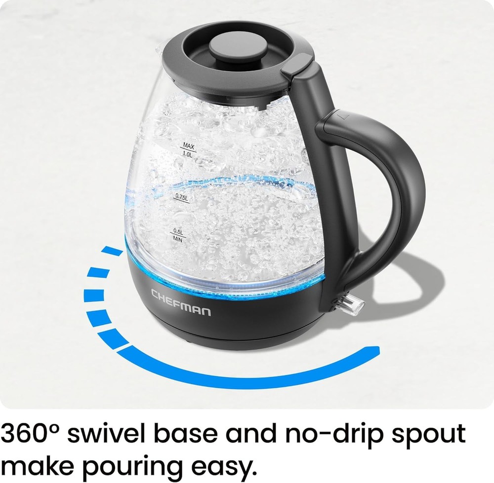 Chefman 1L Electric Glass Kettle w/ LED Indicator Light, Automatic Shutoff