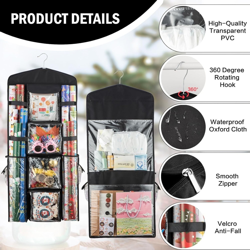 Wrapping Paper Organizer - Hanging Gift Wrap Storage Container, Double-Sided