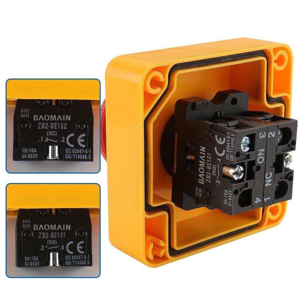Baomain Red Sign Emergency Stop Switch, 660V Weatherproof Push Button Switch...