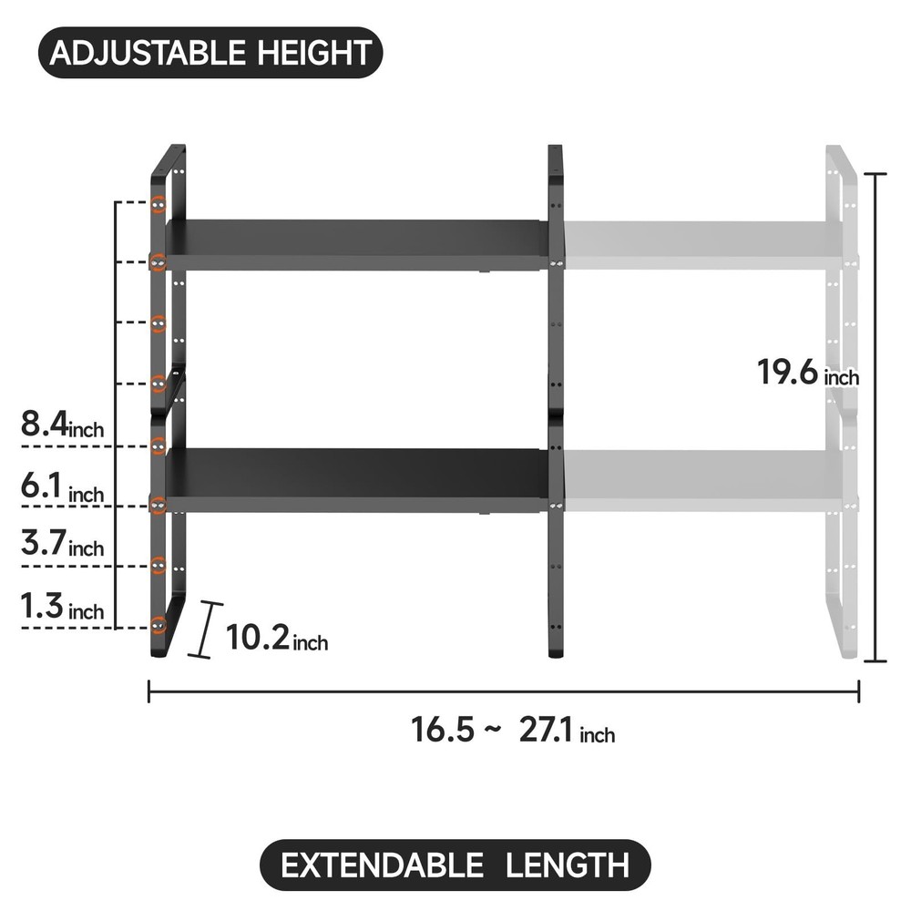 2Pack 16.5-27’’L Expandable Kitchen Shelf Organizer, Stackable Shelv