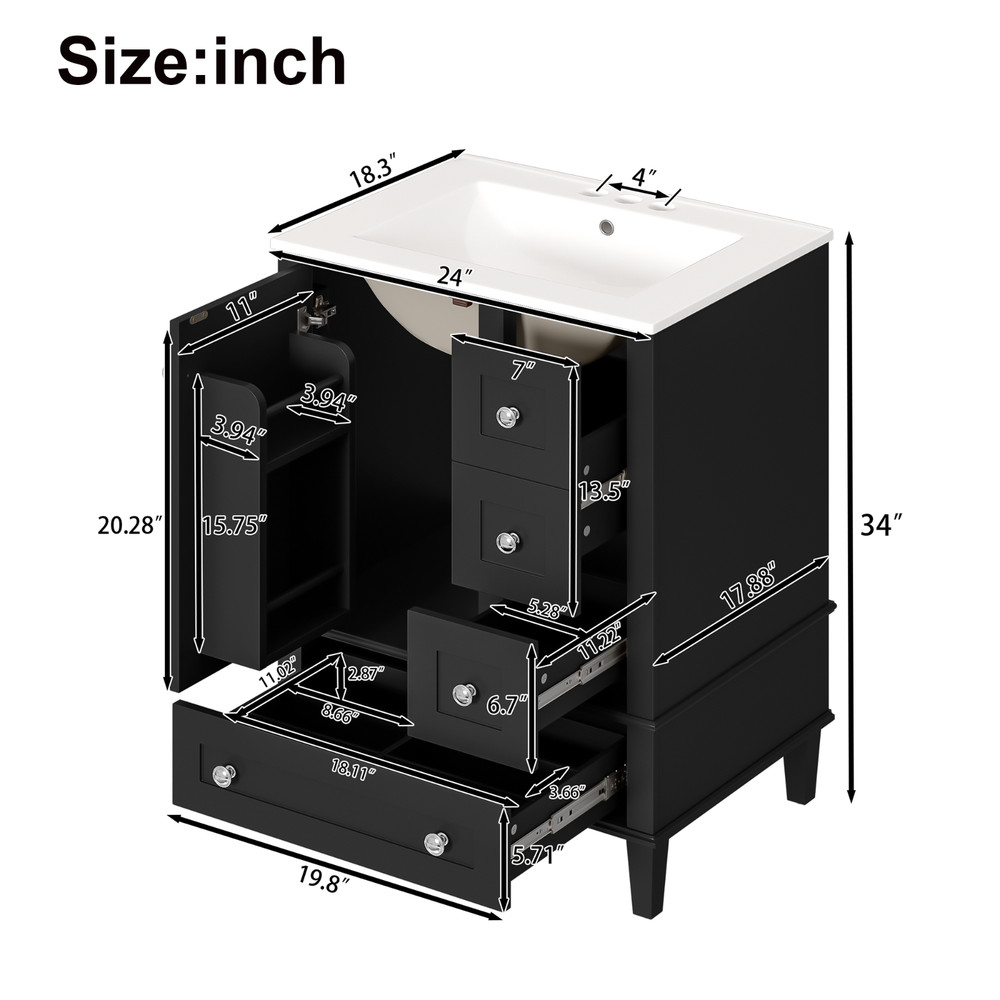 24" Bathroom Vanity with Ceramic Sink &Soft-close Drawers &Double-Layer Shelf