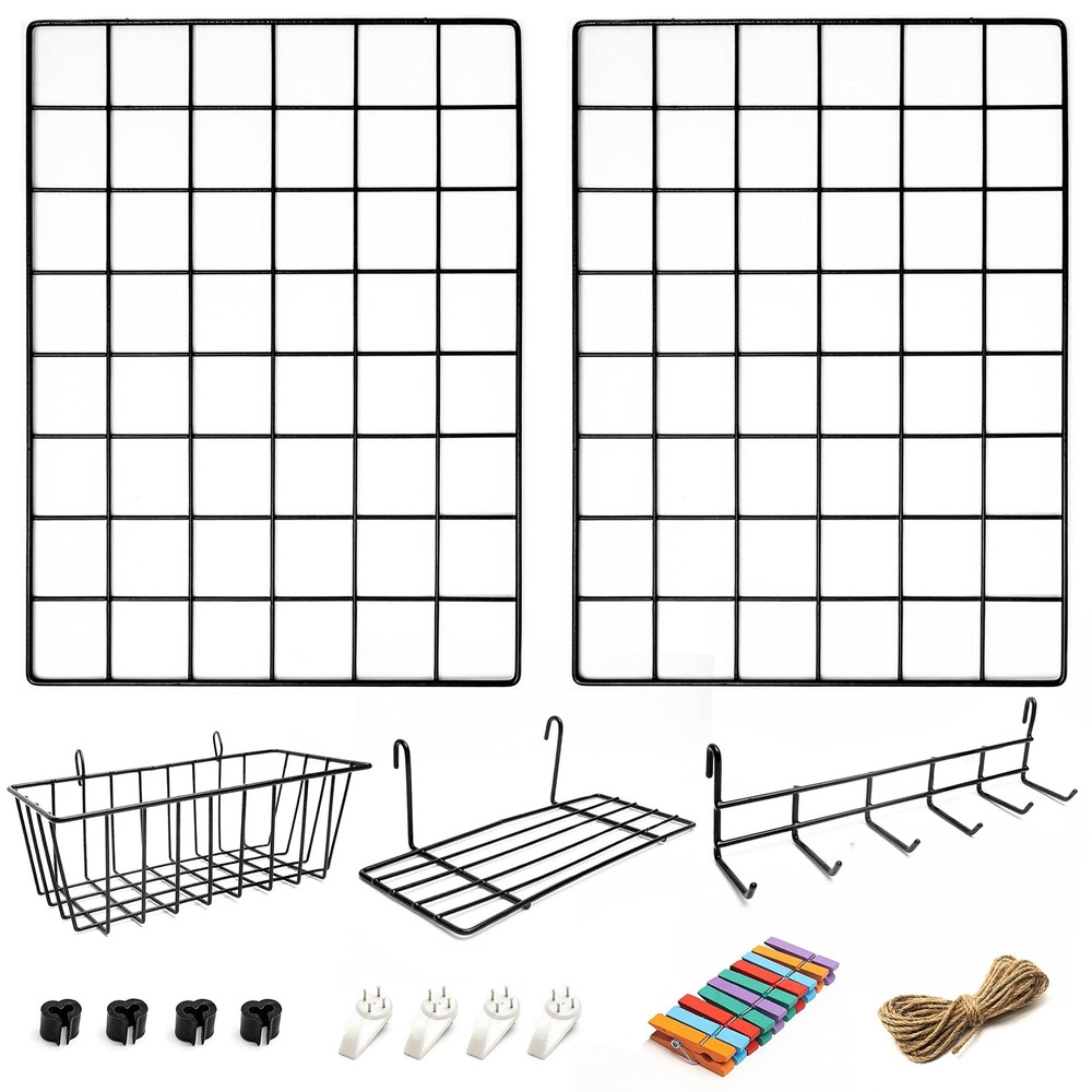 2 Pack Wire Wall Grid Panel with Accessories | Includes Hanging Basket, Shelf...