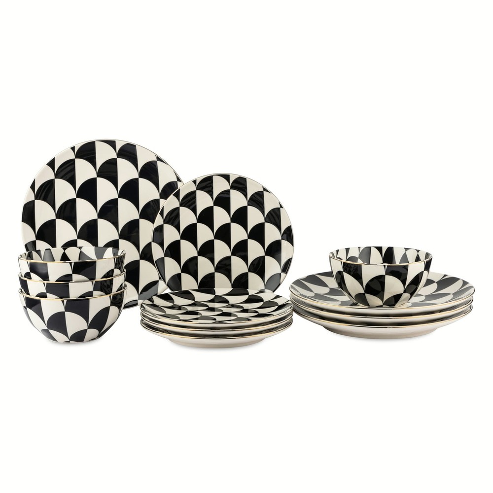 Emmett 12-Piece Ceramic Dinnerware Set Black & White