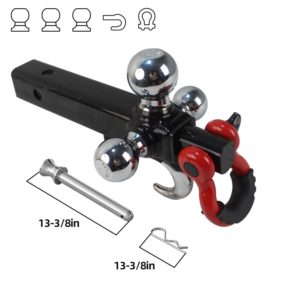 Recovery Trailer Tow Hitch Tri Ball Mount D-Ring Shackle & Hook Solid 2" Shank
