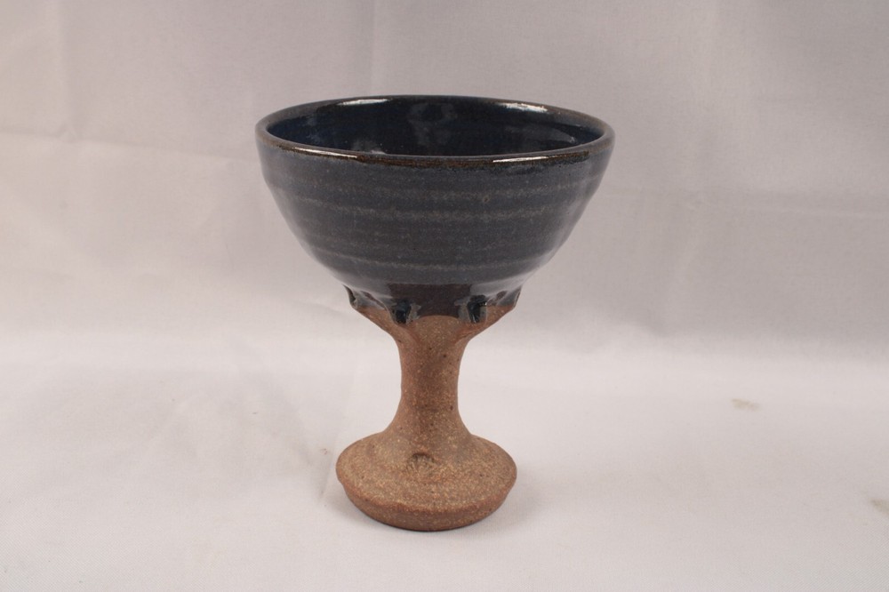 Hand Made Pottery Candlesticks or Goblets Signed By Artist Blue Glaze Shell Mark