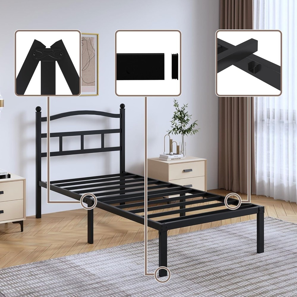 14 Inch Metal Bed Frame Twin Size Heavy Duty Bedframe W/ Headboard Black Basic