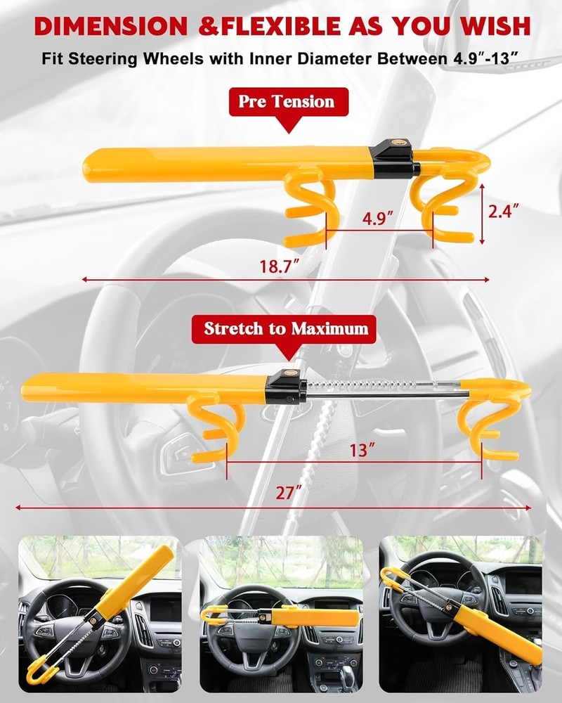 Tevlaphee Steering Wheel Lock - Heavy Duty Antitheft Device and Car Yellow