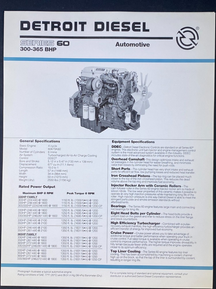 Detroit Diesel Series 60 Engine Brochure 1996 Specifications Flyer