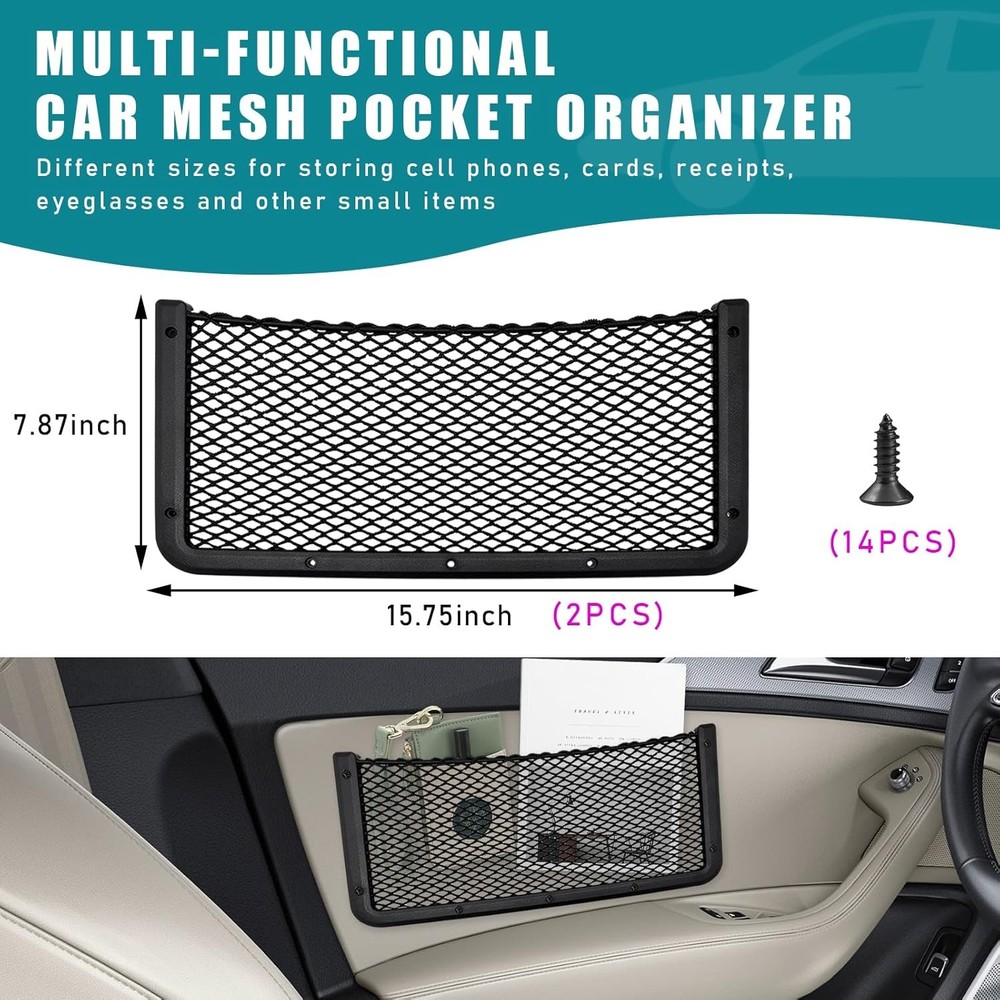 2 PCS Car Storage Net Bag, ABS Plastic Frame Auto Mesh Net Holder with Secure Sc