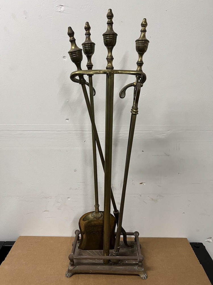Vintage Solid Brass Fireplace 3 Tools with Stand Set