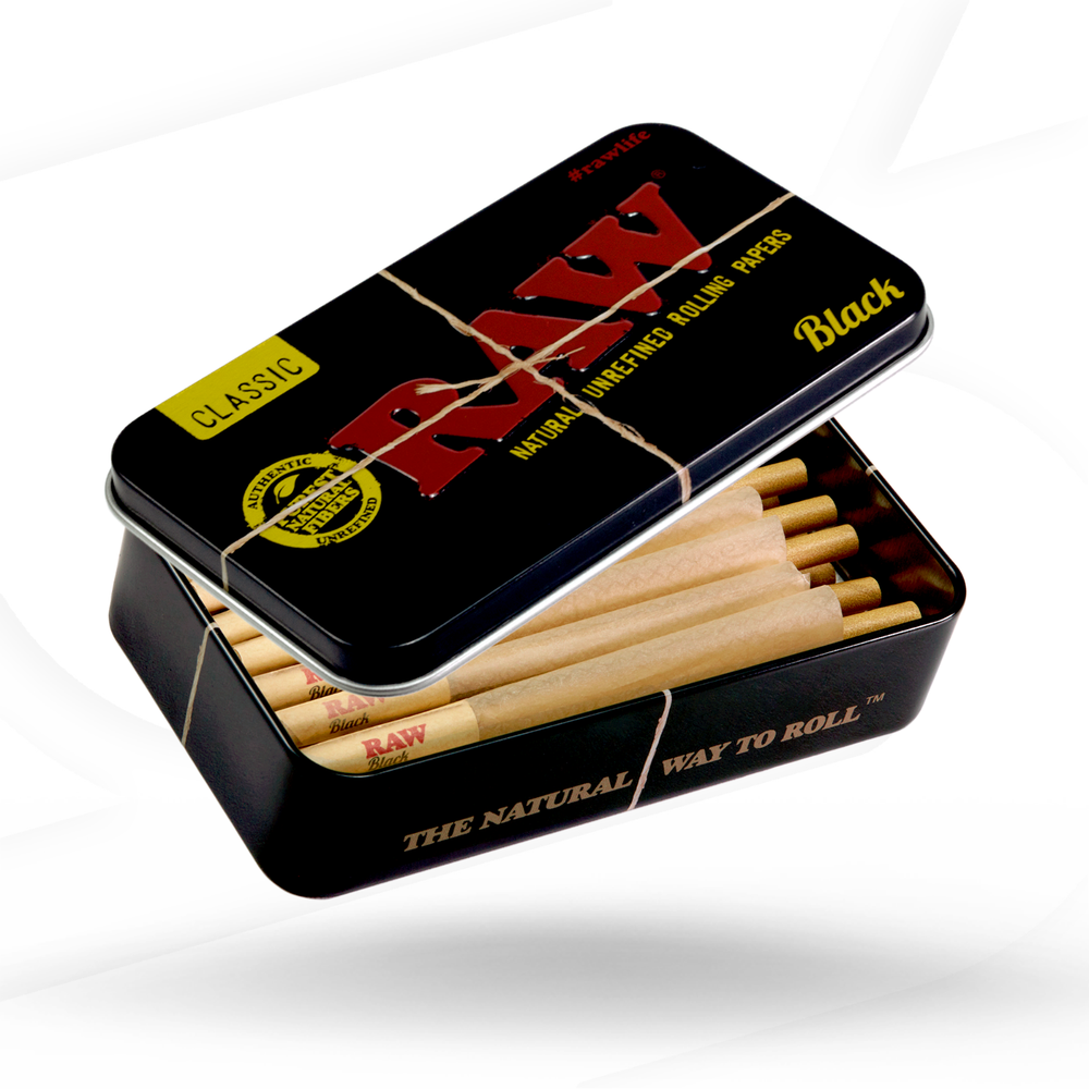 RAW Black 1 1/4 Cone Bundle with Protective Tin Box