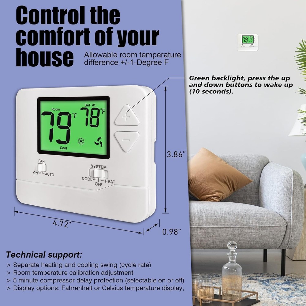 Non-Programmable Thermostat for Single-Stage HVAC Systems with Green Backlight
