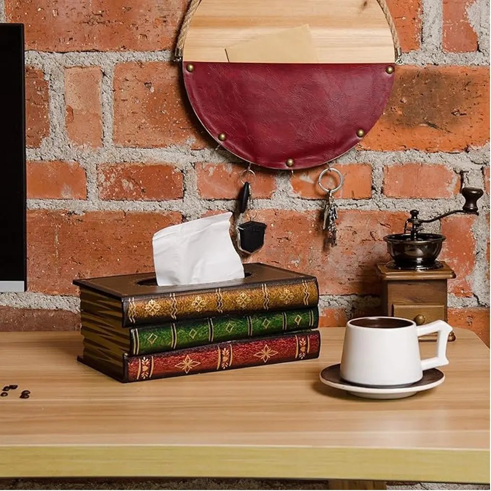 Classical Wooden Antique Book Tissue Box Cover Rectangular Tissue (Black-Simple)