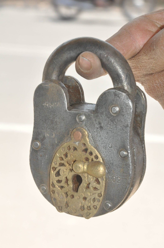Vintage Iron Unique Shape Solid Brass Fitted Handcrafted Heavy Padlock