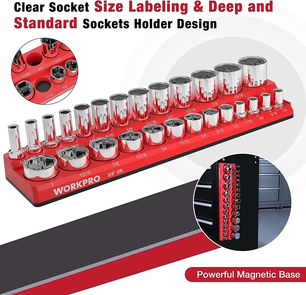 WORKPRO Magnetic Socket Organizer Set 1/4", 3/8" and 1/2" (Socket not Included)