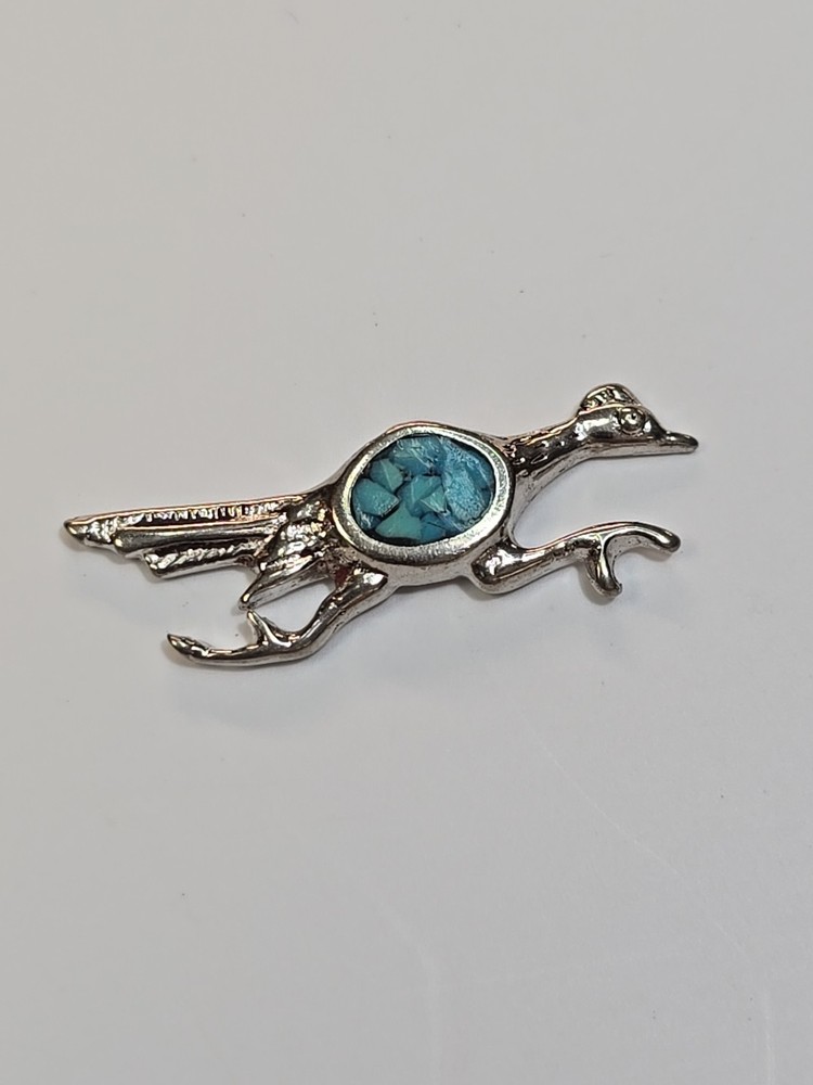 Roadrunner Lapel Pin Silver Color Setting Crushed Blue Turquoise