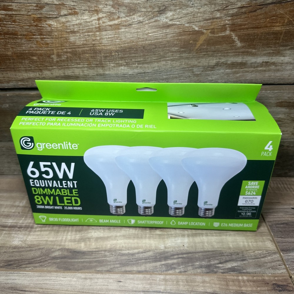 4 Pack Greenlite  LED 8W = 65W BR30 Floodlight Light Bulbs