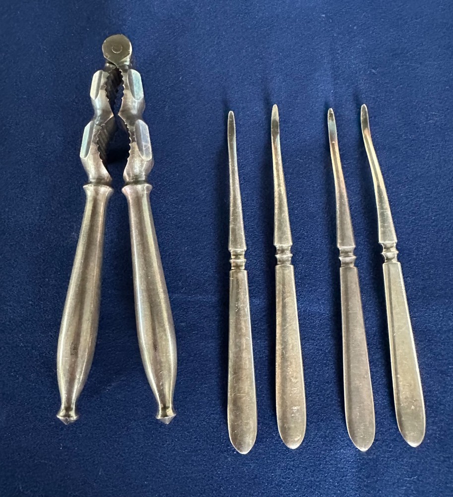 antique 19th century 1800's solid silver-plated nut nutcracker & nut picks