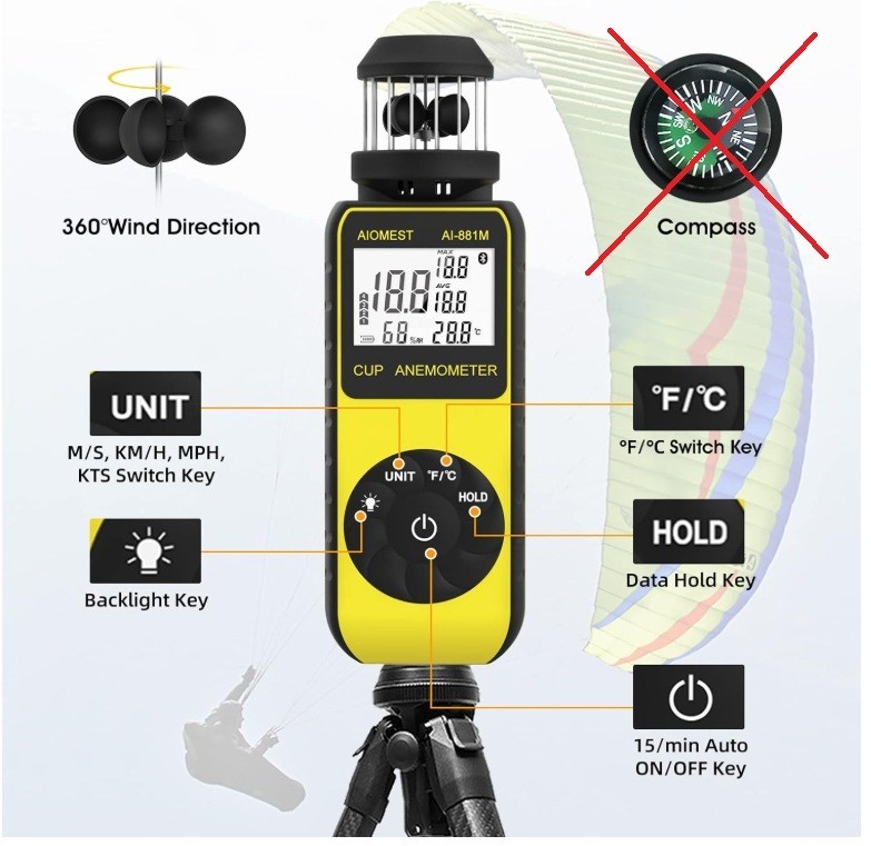 AIOMEST Handheld Wind Cup Anemometer *missing small manual compass**
