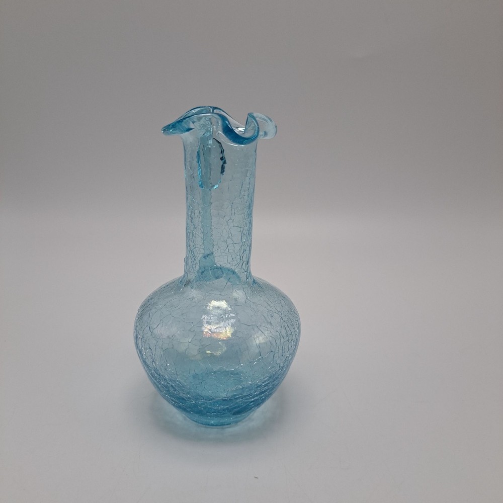 Vintage Blue Crackle Glass Pitcher With Applied Handle